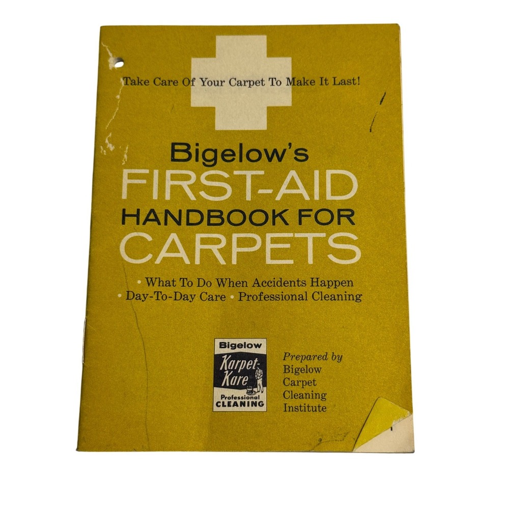 VTG Bigelow First-Aid Handbook Carpets Yellow Cleaning Guide Mid Century Paper